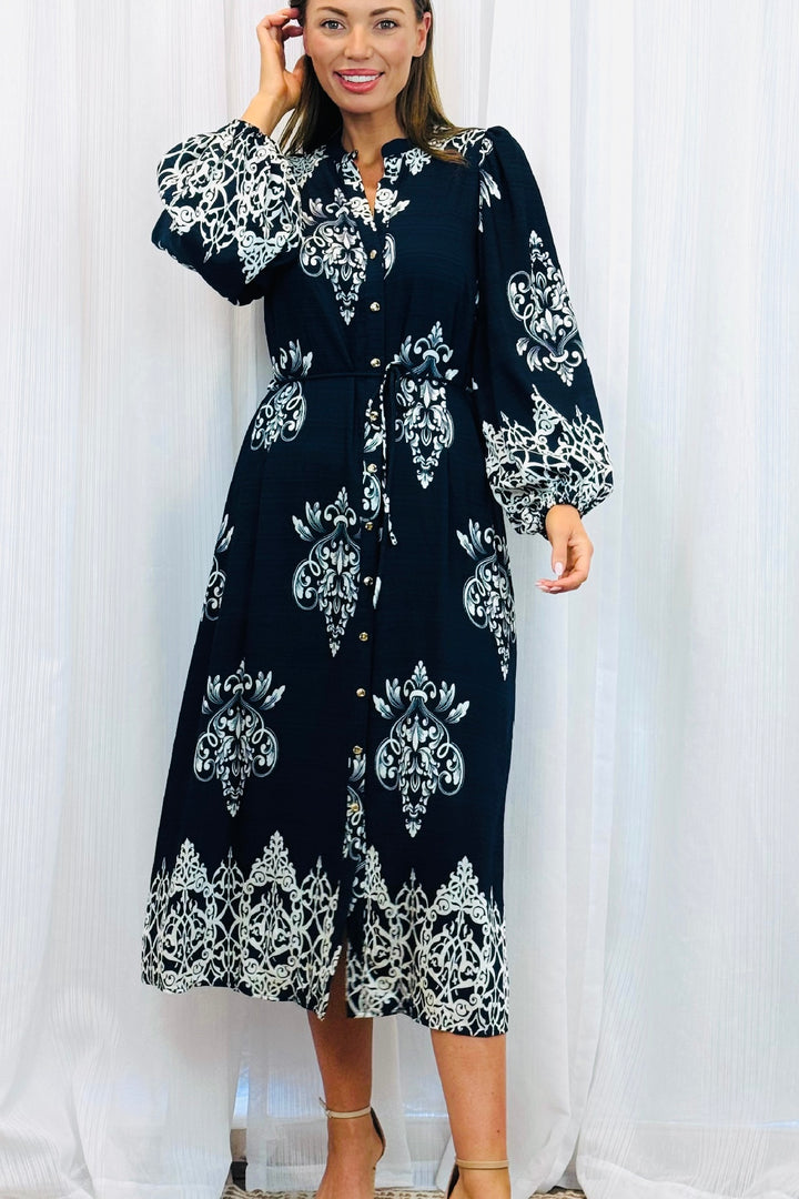 Mina Black Multi Print Dress With Off White Print