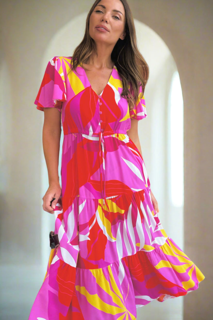 Almalfi Print Drawstring Midi Dress in Pink and Yellow Tones