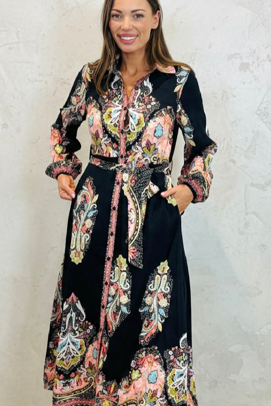 Gidget Long Sleeve Black Embroidered Print Dress in Long Sleeve