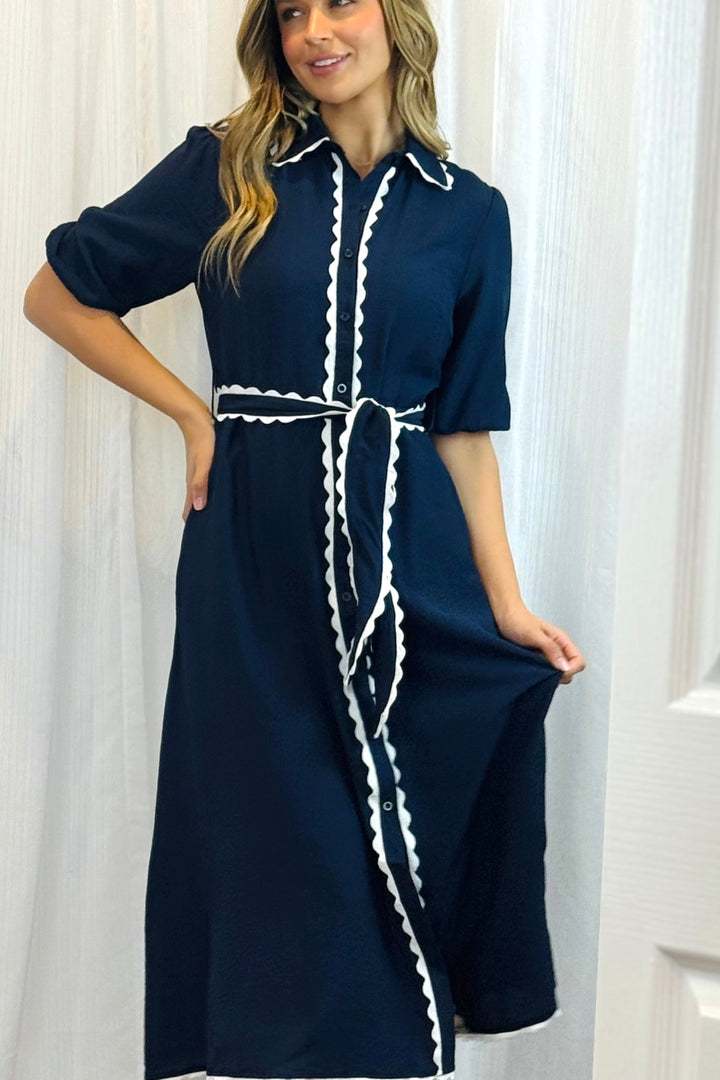 Shyla Dress in Navy with White Trimming