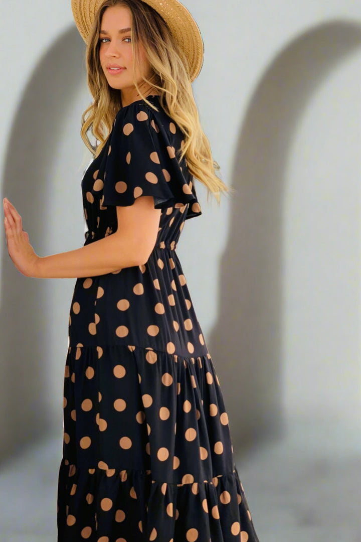 Molli Short Sleeve Polka Dot Dress In Black And Tan