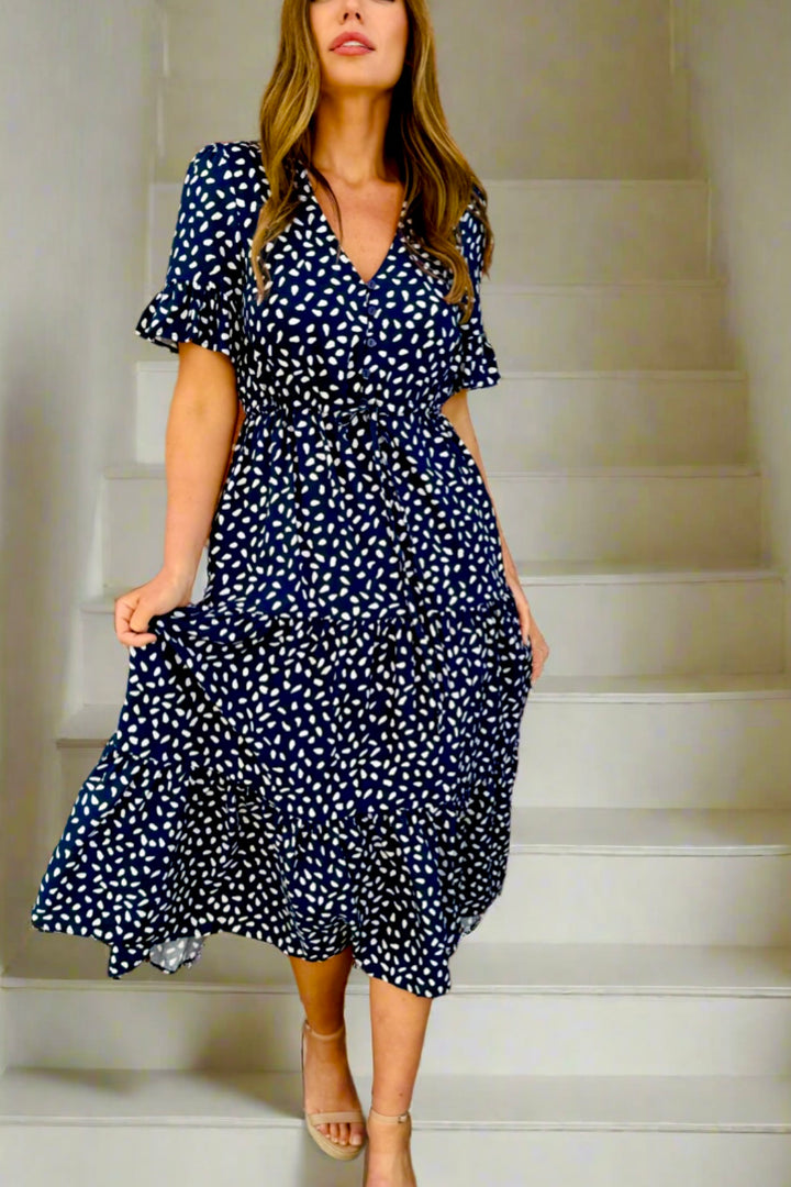 Jeannie Midi Dress in Navy and White Spot