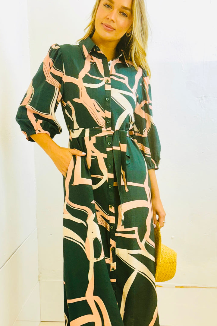 Marlow Midi Shirt Dress in Green and Pink Print
