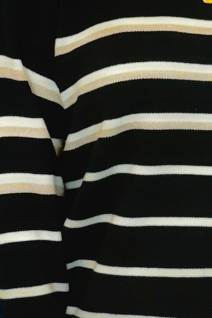 Carley Knit Top in Black and White Stripe with Gold Buttons