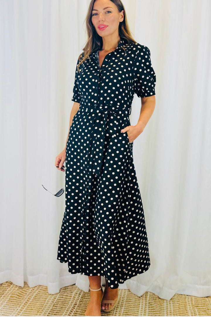 Tamika Black and Beige Polka Dot Dress