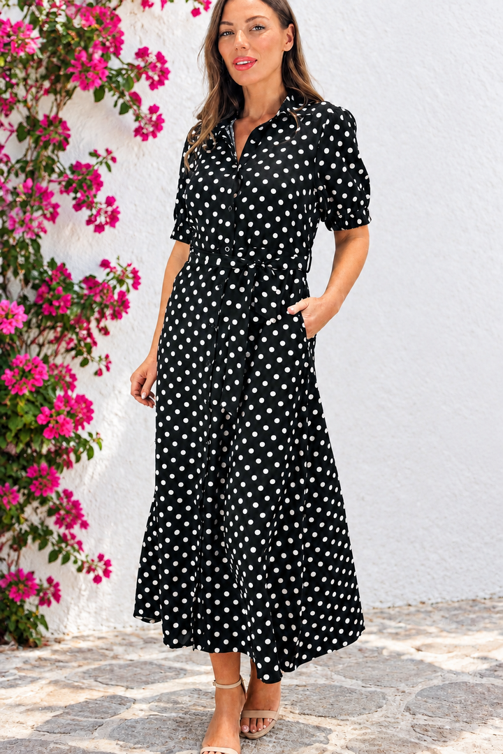 Tamika Black and Beige Polka Dot Dress