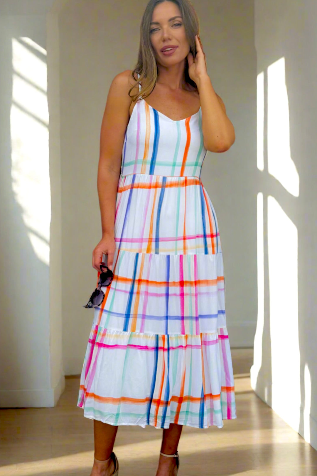 Macey Stripe Midi Dress With Spaghetti Strap.