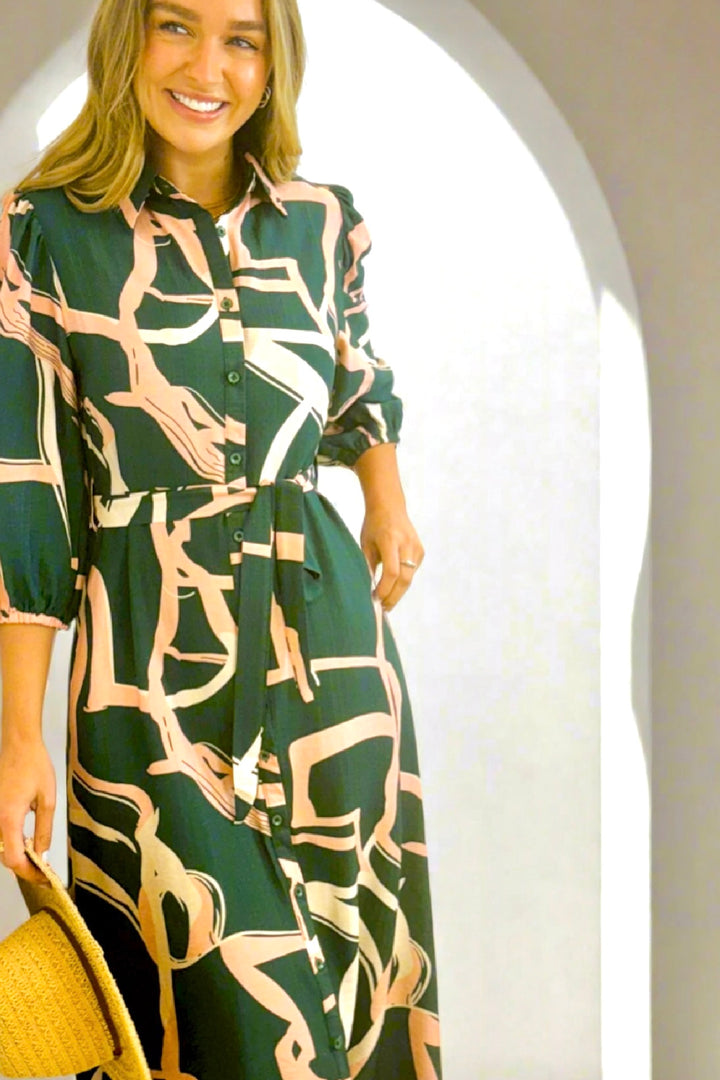 Marlow Midi Shirt Dress in Green and Pink Print