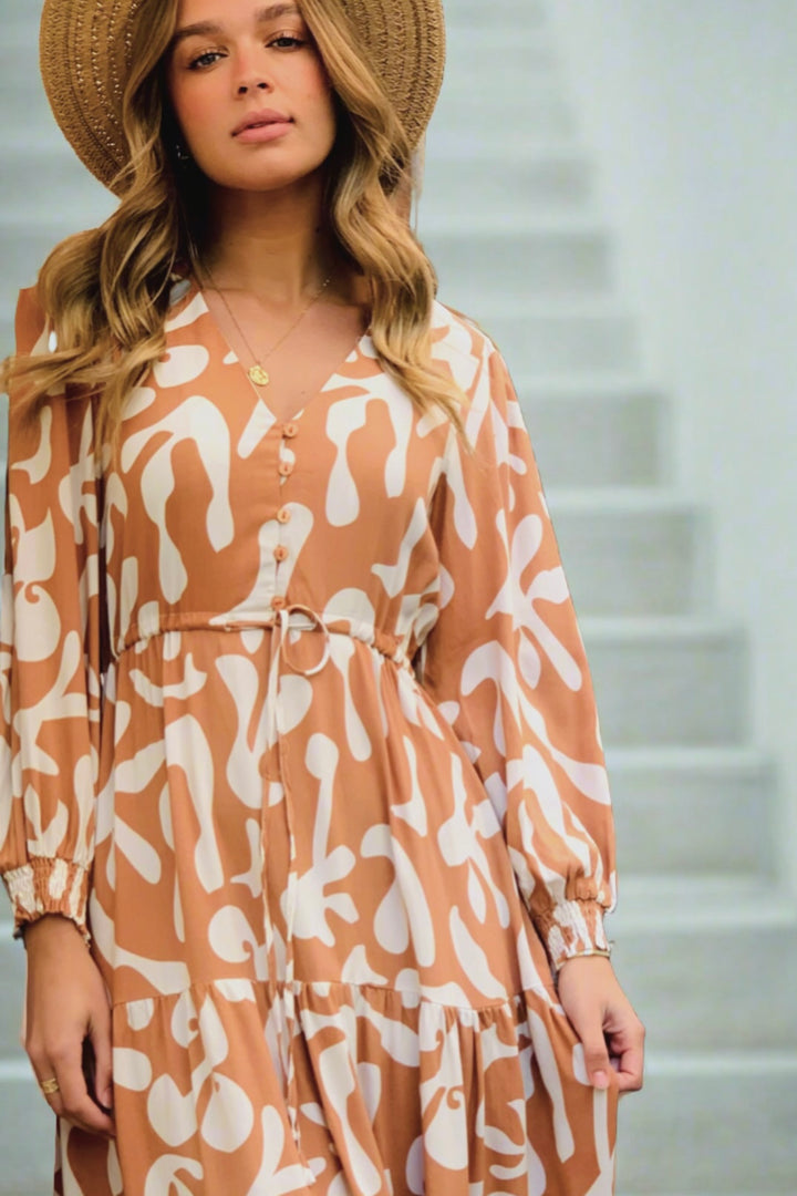 Isabella Midi Dress in Tan Print