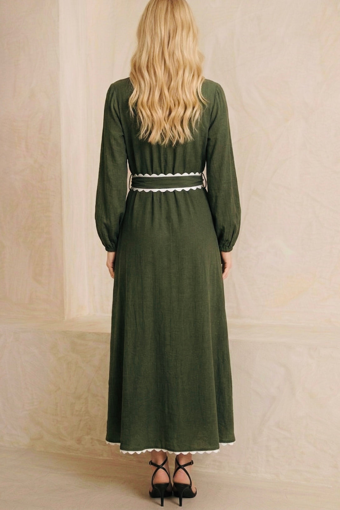 Shyla Long Sleeve Khaki Dress With Trim