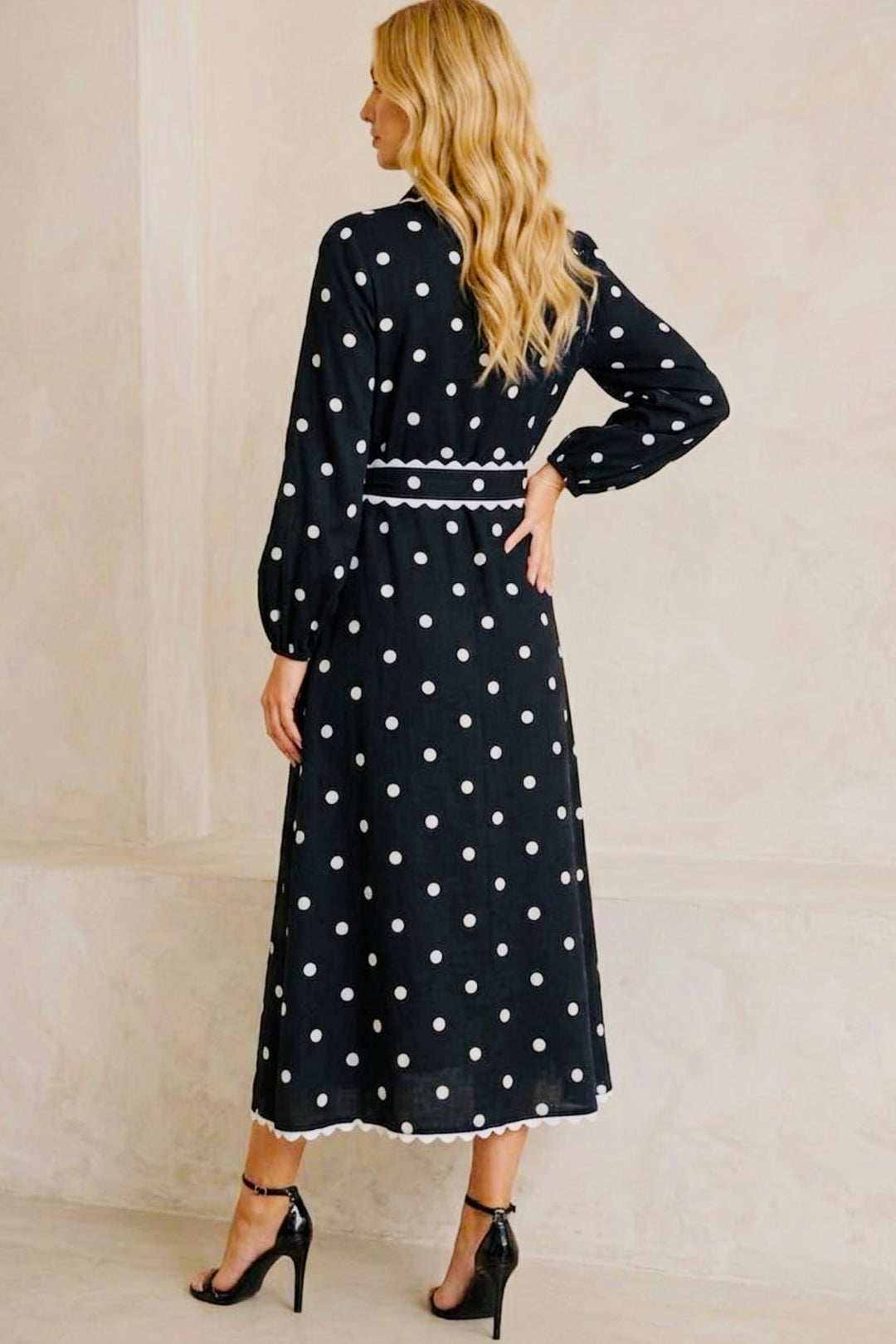 Shyla Long Sleeve Polka Dot and White Trim Dress