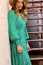 Cooper Drawstring MIDI Dress in Green and White Print