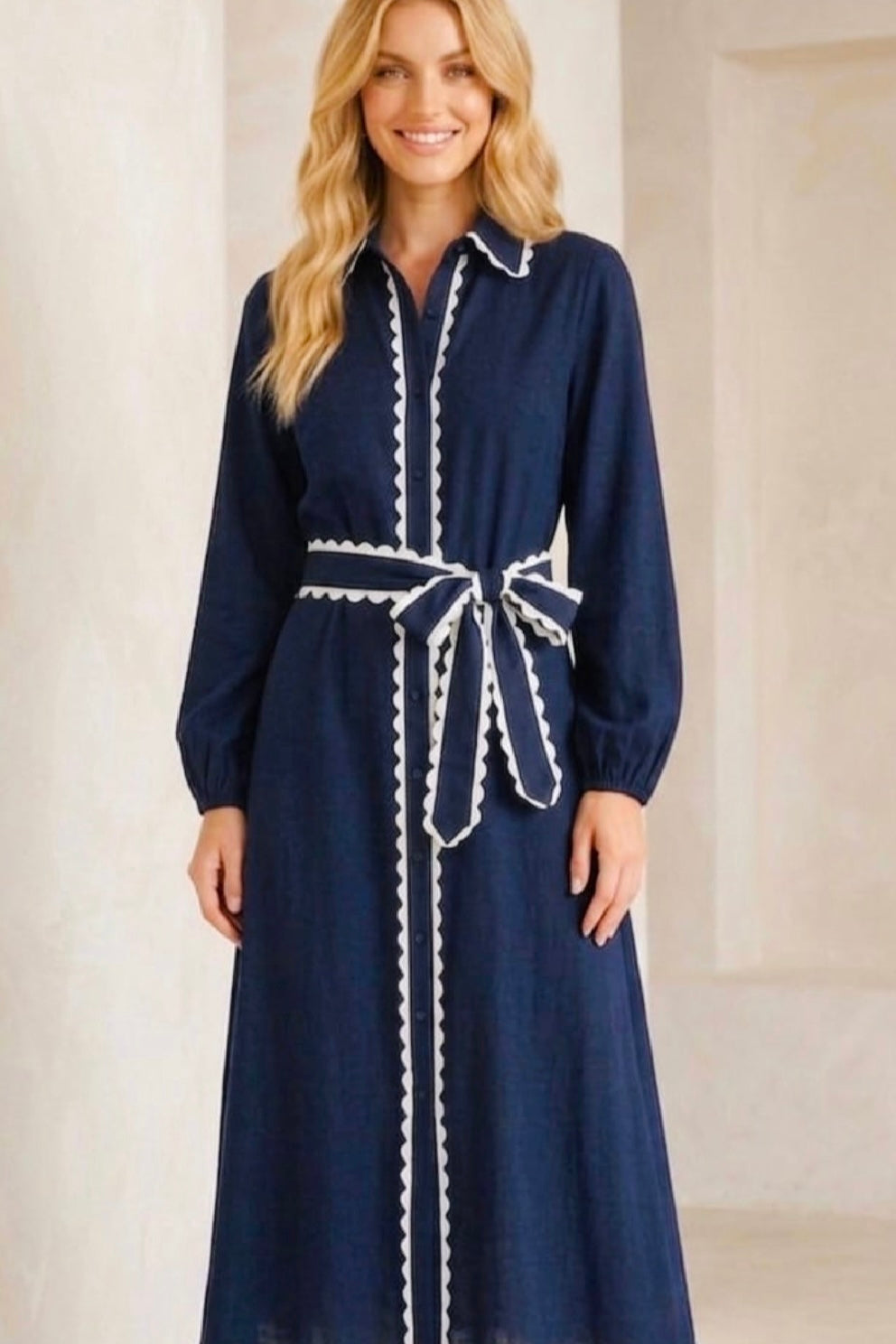 Shyla Navy Long Sleeve Dress With Trim