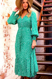 Cooper Drawstring MIDI Dress in Green and White Print