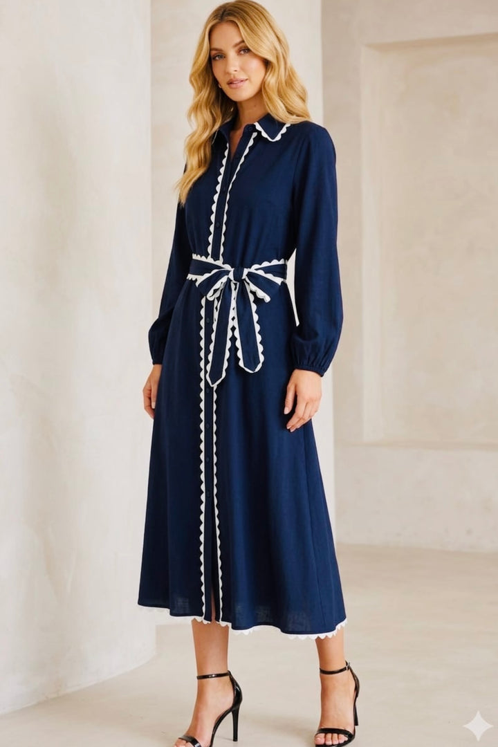 Shyla Navy Long Sleeve Dress With Trim