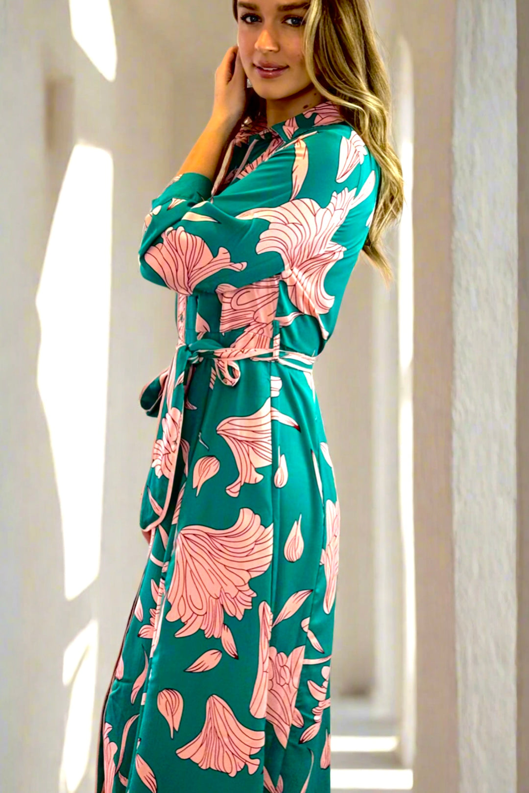 Martina Green and Pink Print Midi Dress