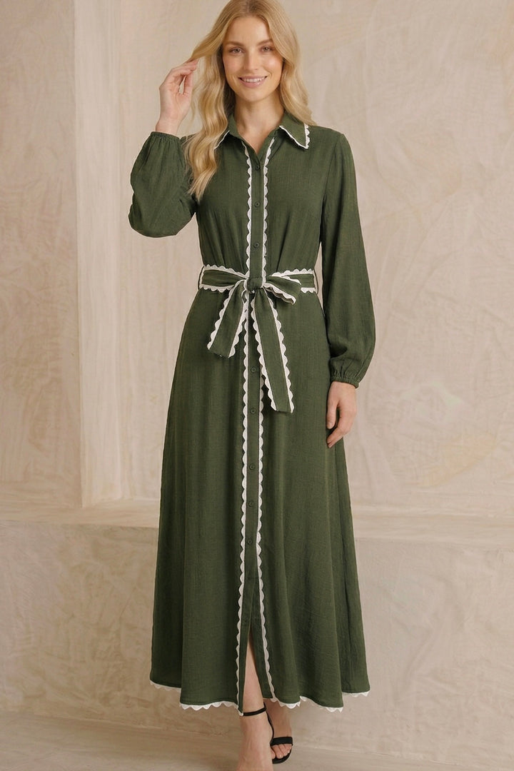 Shyla Long Sleeve Khaki Dress With Trim