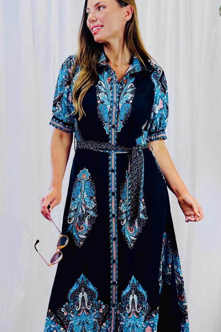 Gidget Shirt Dress in Black and Blue Print