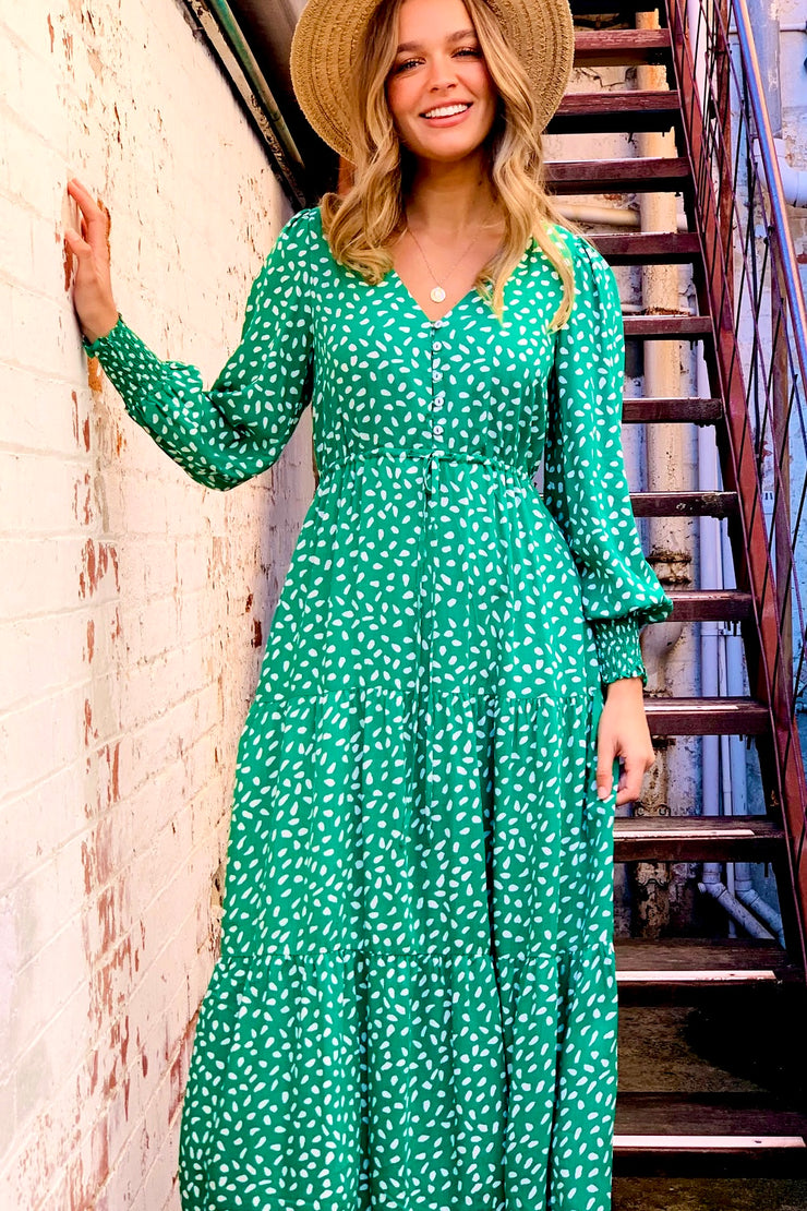 Cooper Drawstring MIDI Dress in Green and White Print
