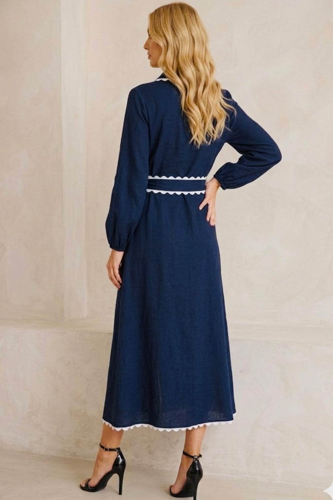 Shyla Navy Long Sleeve Dress With Trim