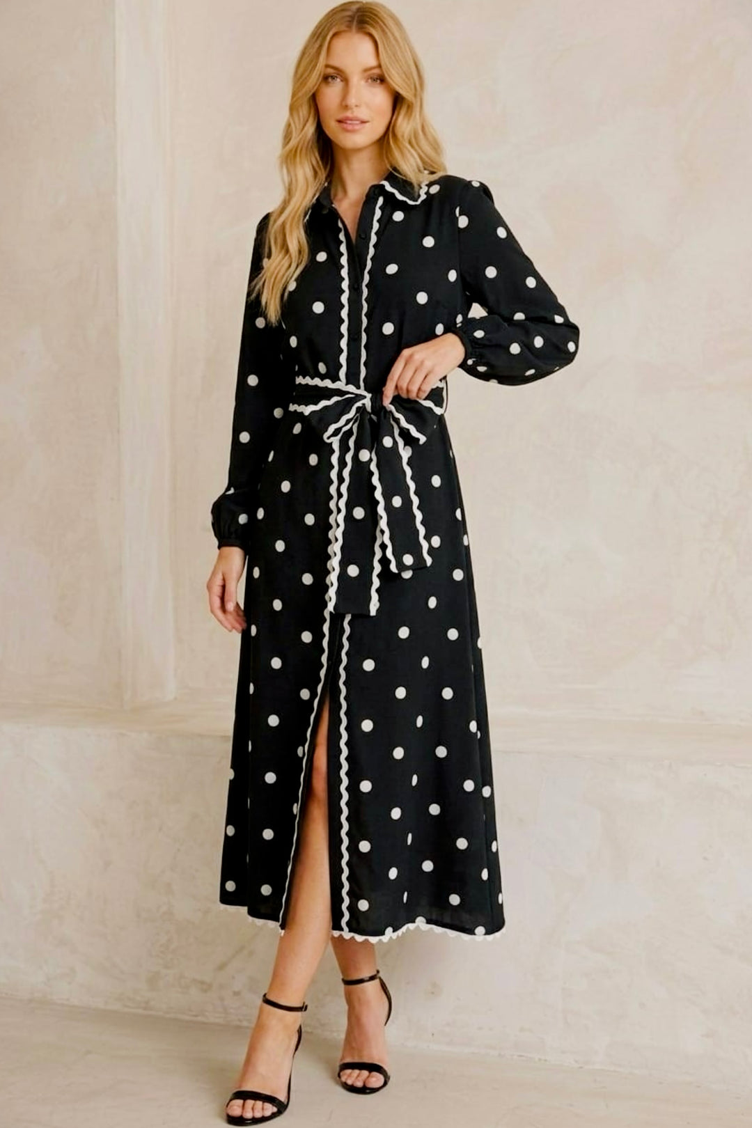Shyla Long Sleeve Polka Dot and White Trim Dress