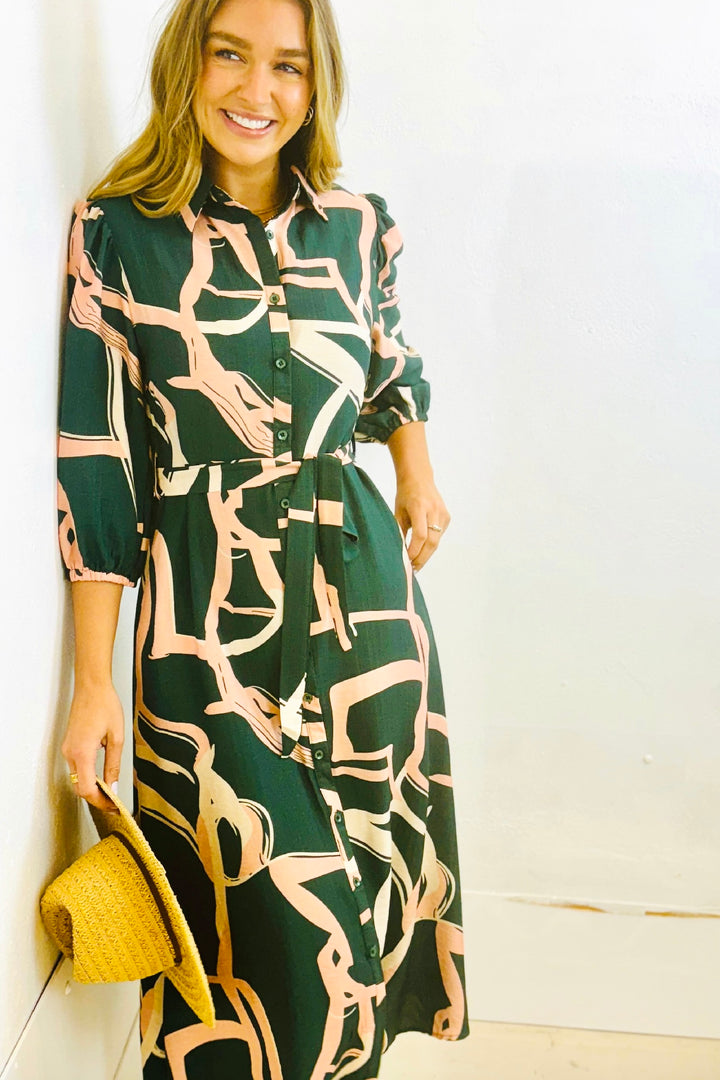 Marlow Midi Shirt Dress in Green and Pink Print