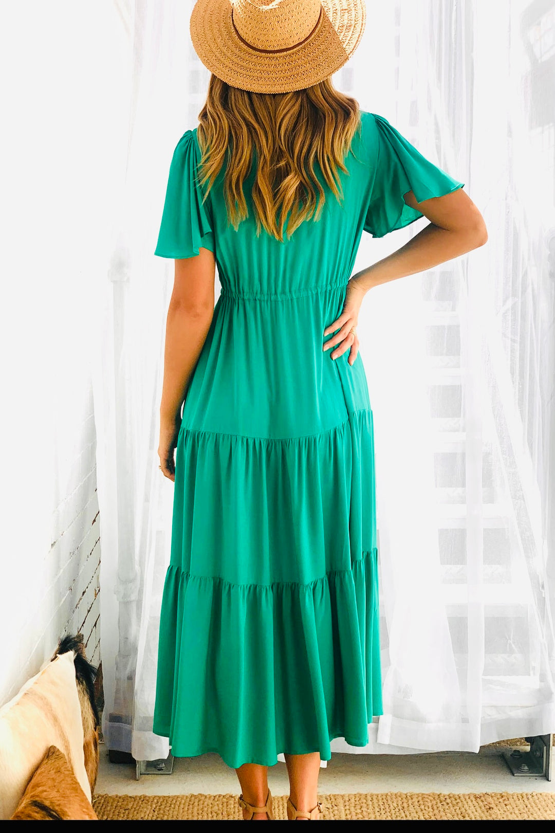 Santorini Short Sleeve Midi Dress in Green