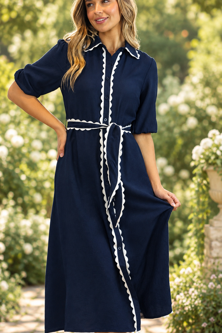 Shyla Dress in Navy with White Trimming
