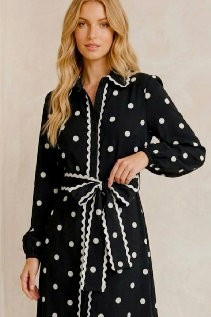 Shyla Long Sleeve Polka Dot and White Trim Dress