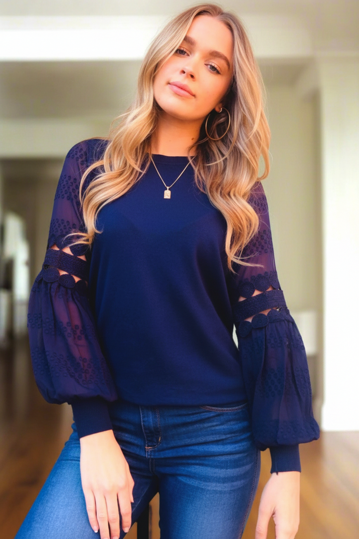 Molli Knit Top Detailed Sleeve  in Navy