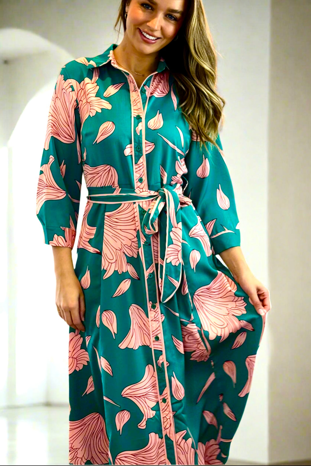 Martina Green and Pink Print Midi Dress