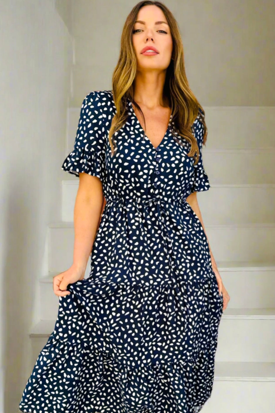 Jeannie Midi Dress in Navy and White Spot