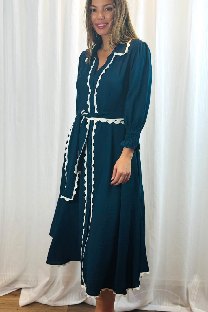Shyla Dress in Navy with White Trimming
