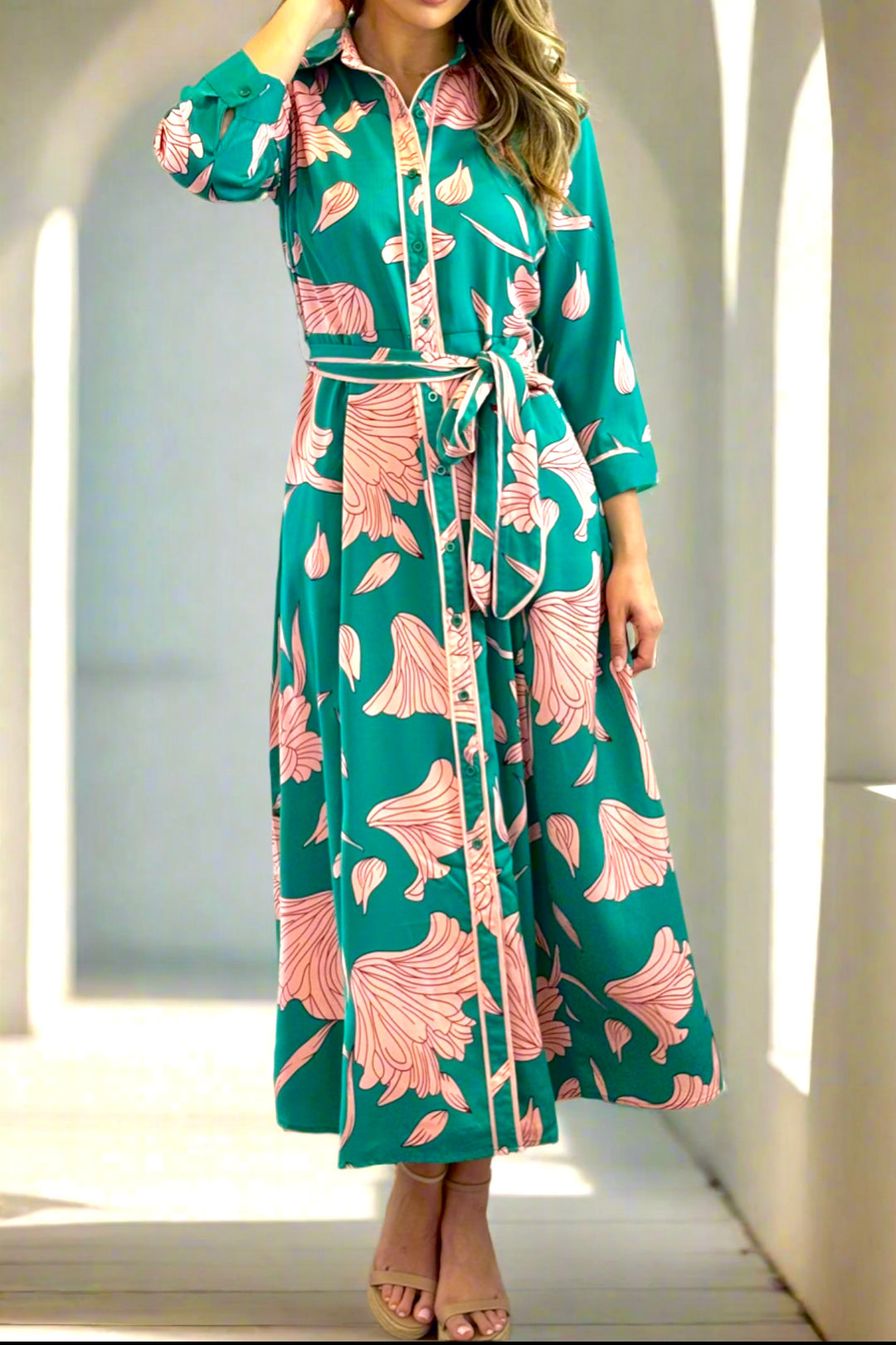 Martina Green and Pink Print Midi Dress