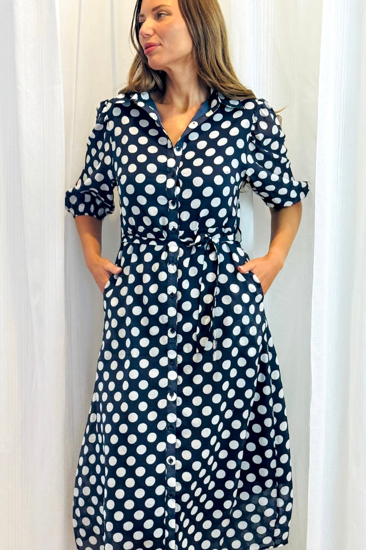 Fallon Shirt Dress In Navy and White Polka Dot-New Print