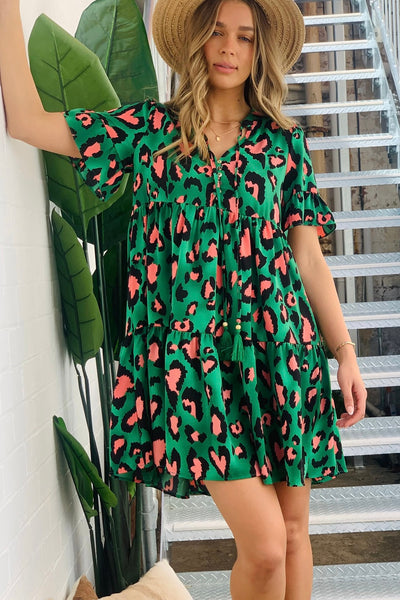 Harper Short Sleeve Leopard Mini Dress in Green