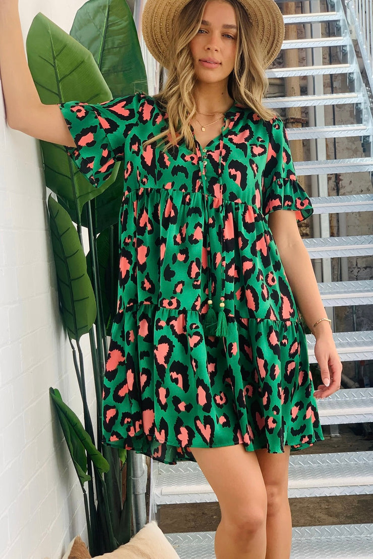 Harper Short Sleeve Leopard Mini Dress in Green
