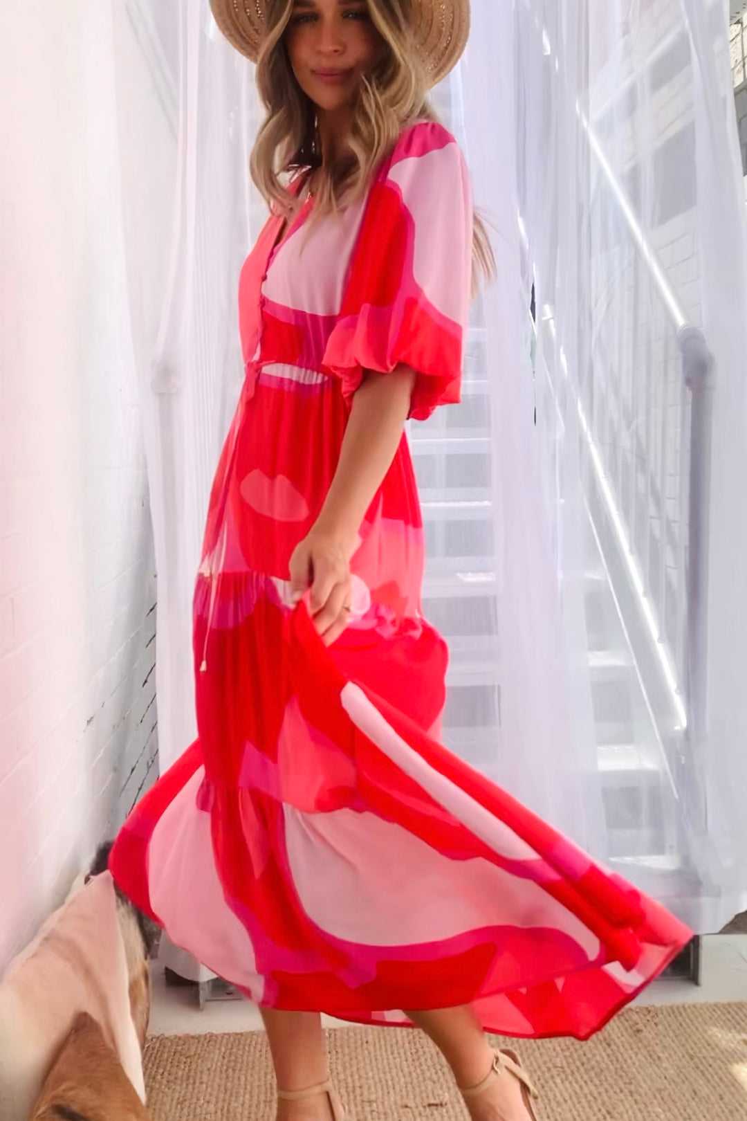 Amalfi Midi Dress in Red and Pink Tones