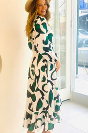 April Dress in White And Green Print