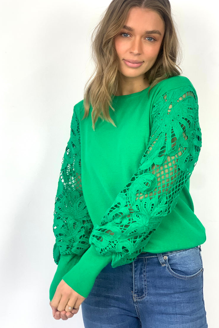 Naomi lace sleeve top in green.