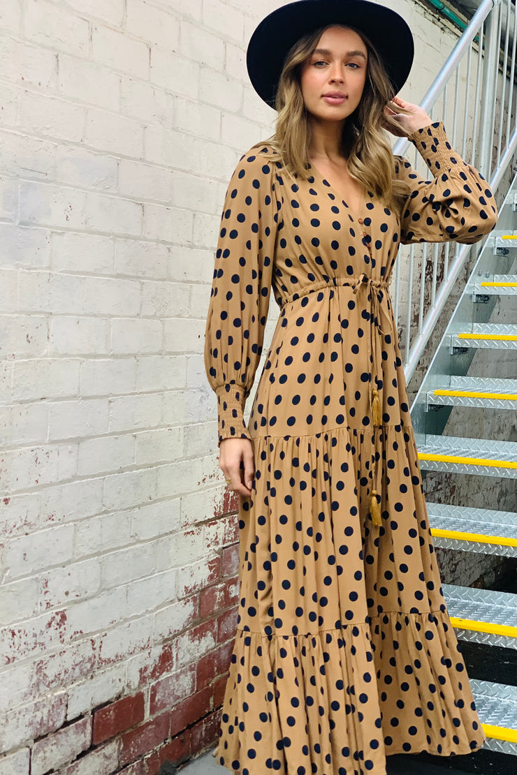 Charli | Polka Dot Maxi Dress  In Tan