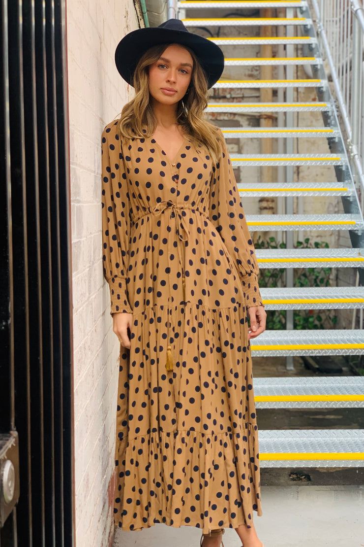 Charli | Polka Dot Maxi Dress  In Tan