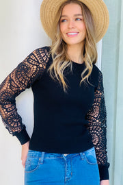 Ales Fitted Knit Lace Top in Black
