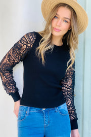 Ales Fitted Knit Lace Top in Black