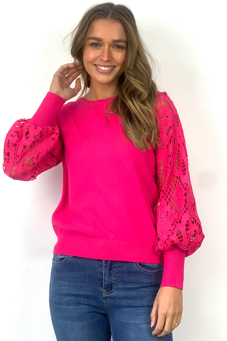 Naomi lace sleeve top in hot pink