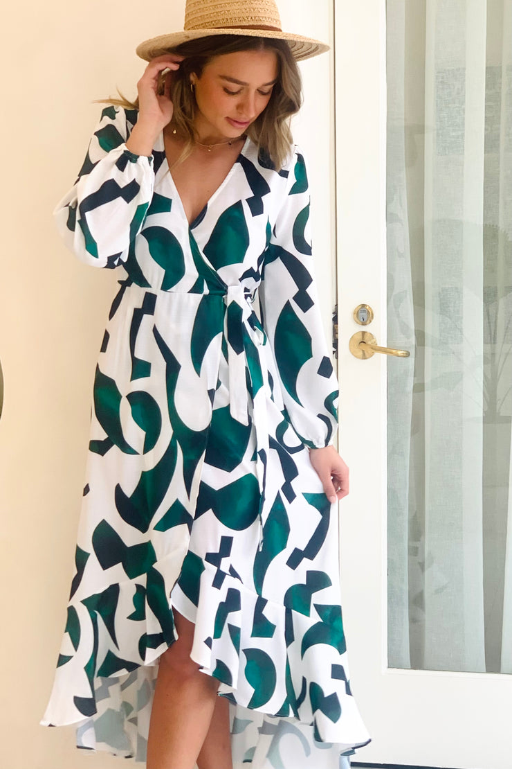 April Dress in White And Green Print