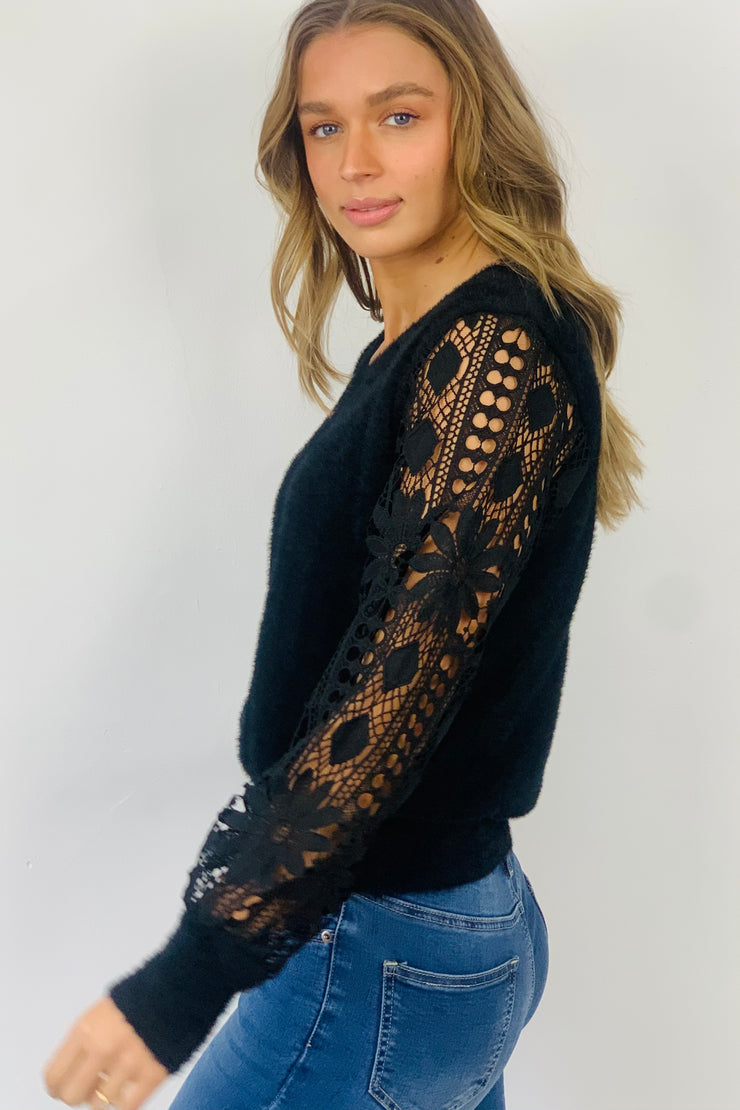 Pamela Black Fluffy Knit With Lace Sleeve