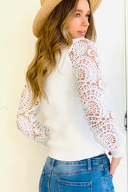 Ales Fitted Lace Sleeve Knit in White
