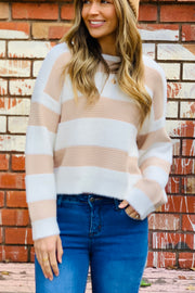 Florence | Fluffy Stripe Knit In Beige and Cream