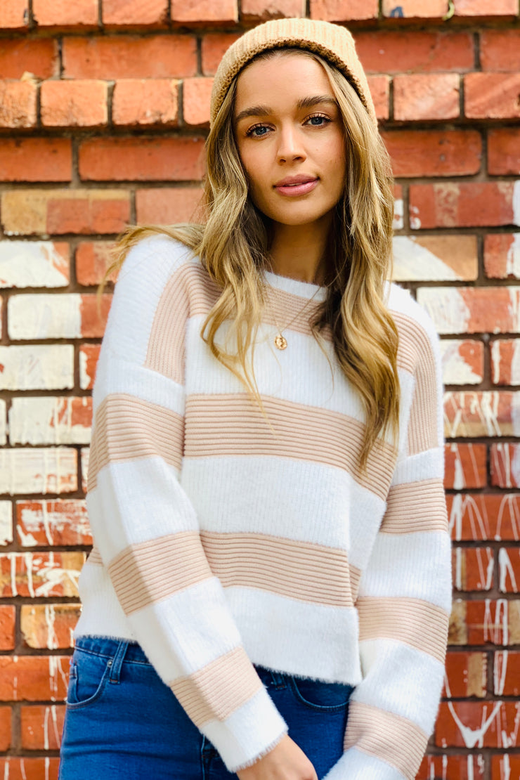 Florence | Fluffy Stripe Knit In Beige and Cream